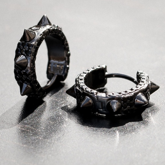 Mens Black Plated Sterling Silver Fully Iced Cz Spike Thorn Small Hoop Earrings - Picture 1 of 4